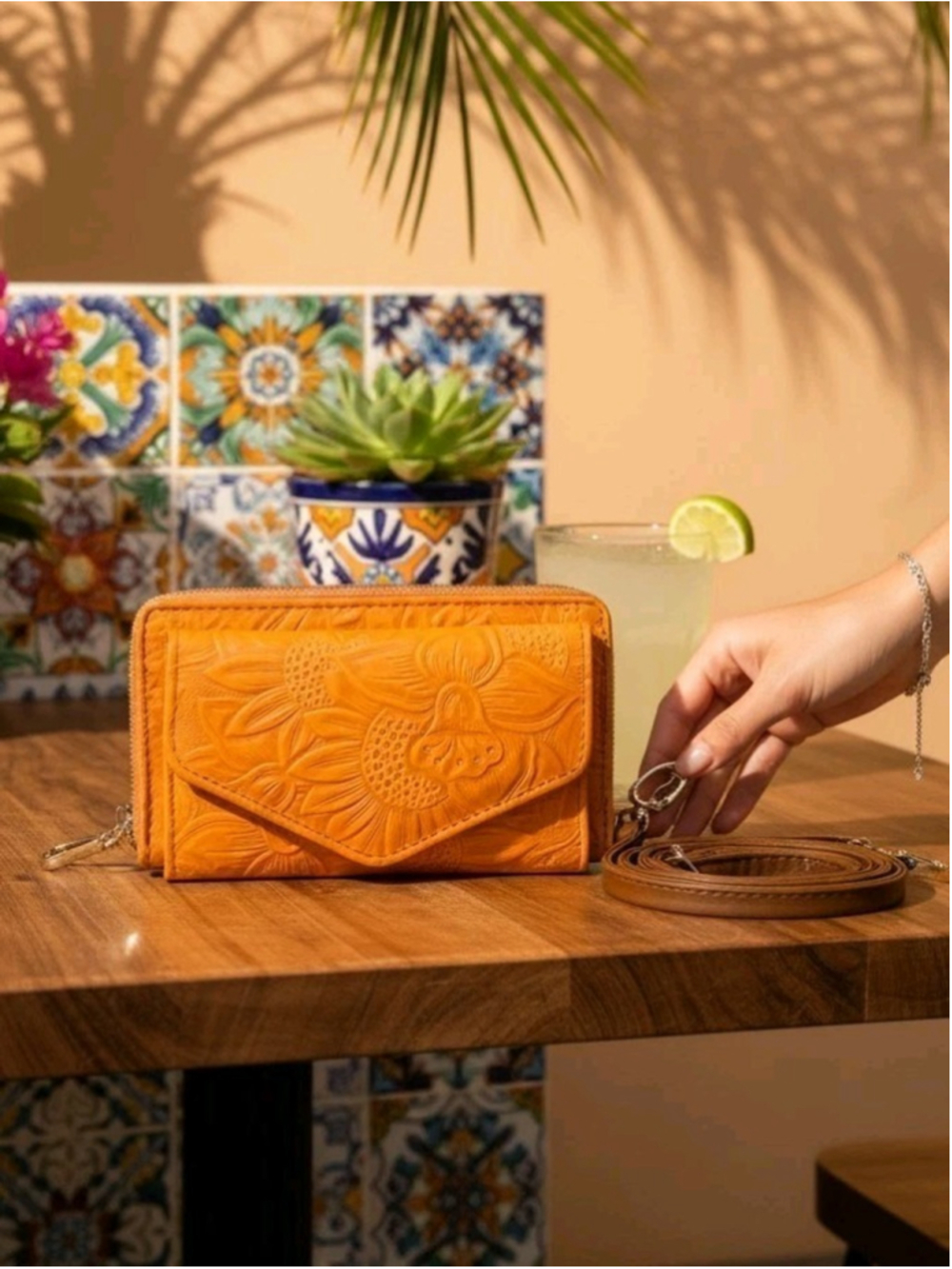 Burnt Honey Orange Brown Sunflower Embossed Artisan LEATHER Crossbody Wallet Bag